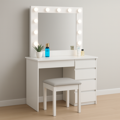 Toaletka Aga z lustrem LED + taboret | 5 szuflad | matowa biel