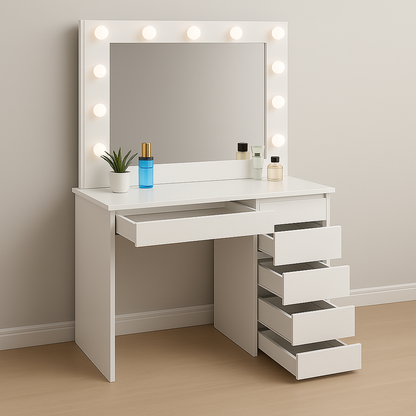 Toaletka Aga z lustrem LED + taboret | 5 szuflad | matowa biel