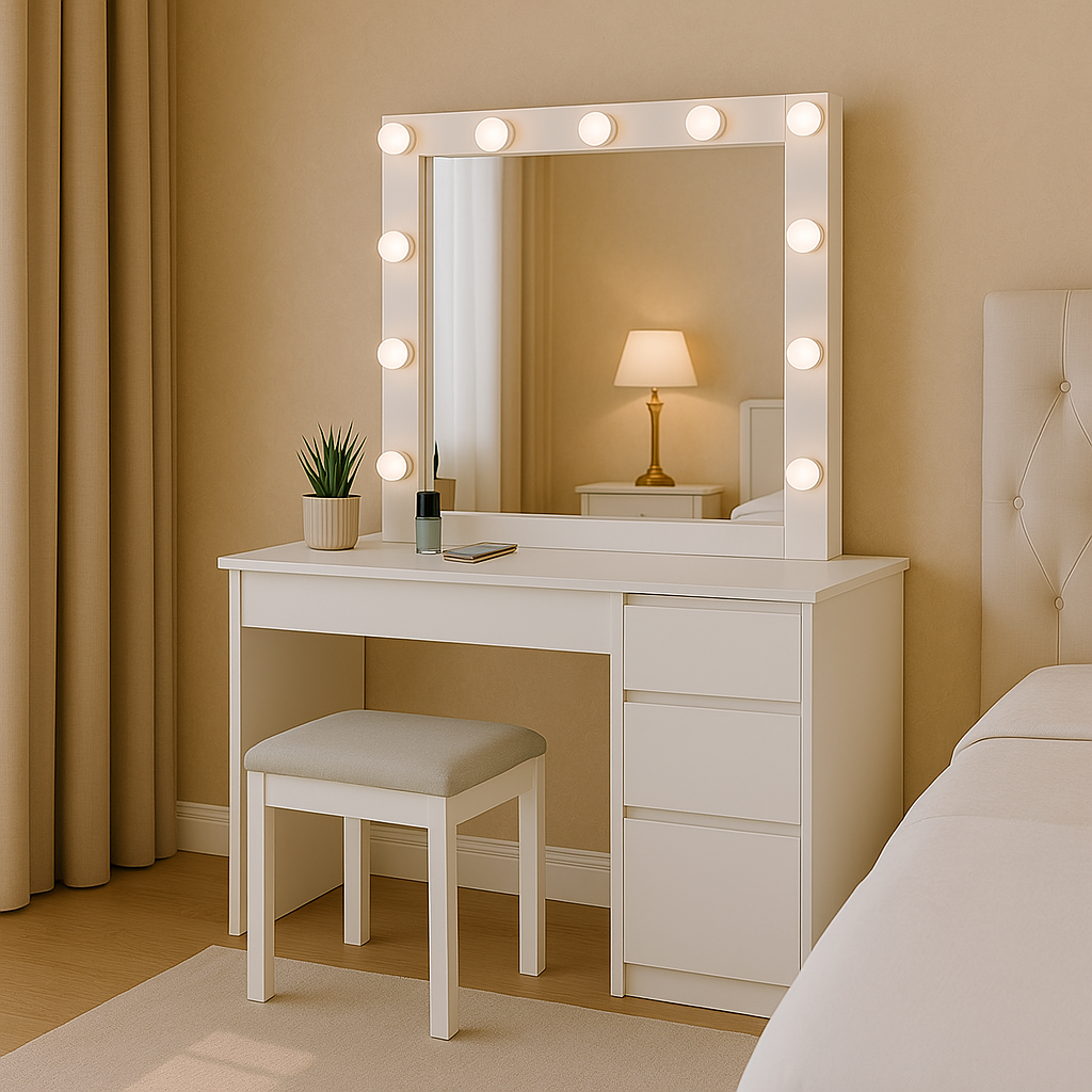 Toaletka Aga z lustrem LED + taboret | 5 szuflad | matowa biel